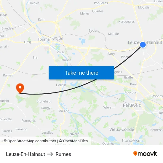 Leuze-En-Hainaut to Rumes map