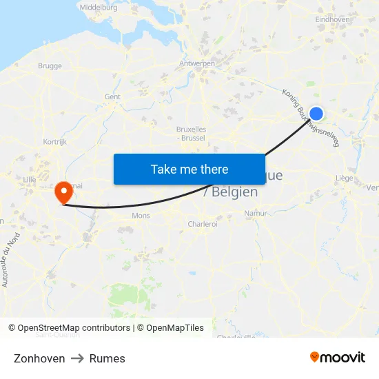 Zonhoven to Rumes map