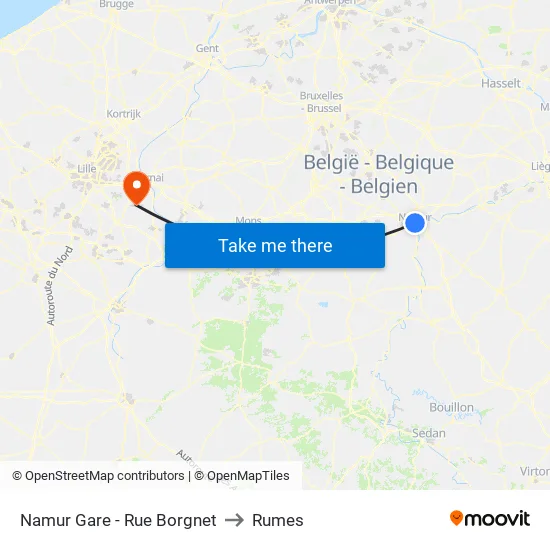 Namur Gare - Rue Borgnet to Rumes map