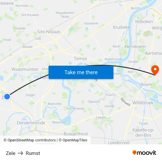 Zele to Rumst map