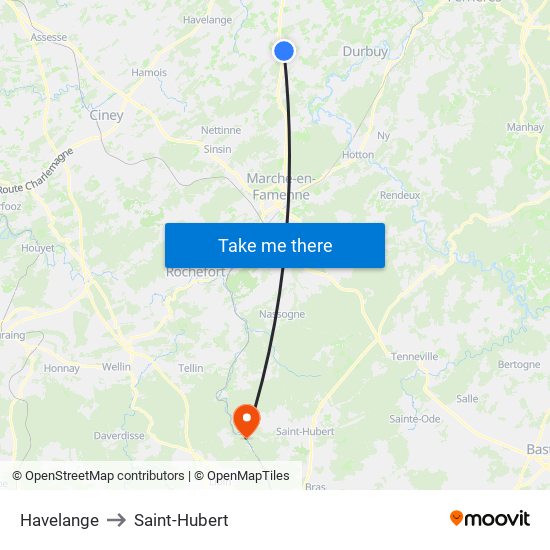 Havelange to Saint-Hubert map