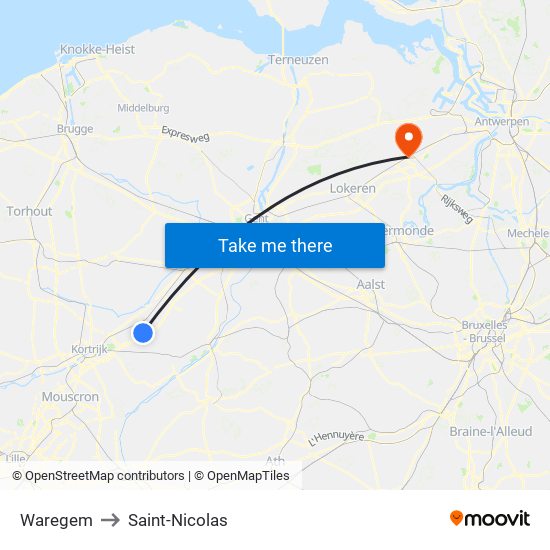 Waregem to Saint-Nicolas map