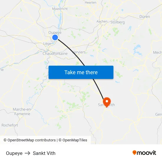 Oupeye to Sankt Vith map