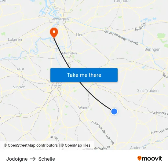 Jodoigne to Schelle map