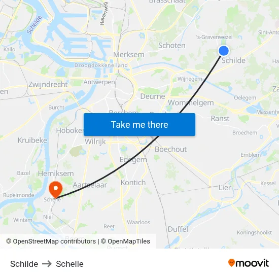 Schilde to Schelle map