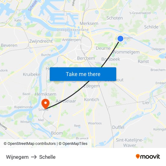 Wijnegem to Schelle map