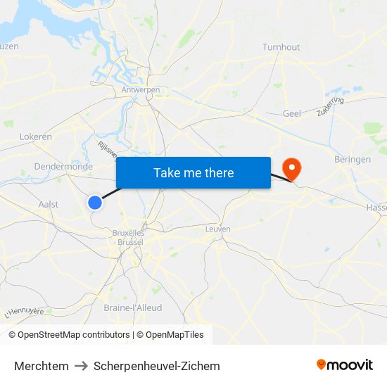 Merchtem to Scherpenheuvel-Zichem map