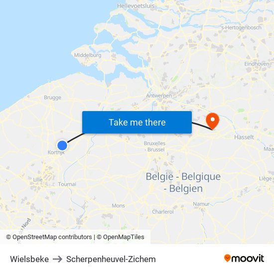 Wielsbeke to Scherpenheuvel-Zichem map