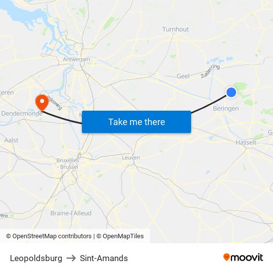 Leopoldsburg to Sint-Amands map