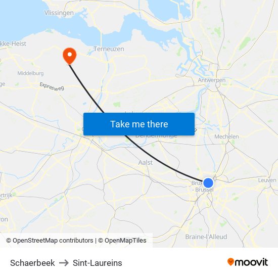 Schaerbeek to Sint-Laureins map