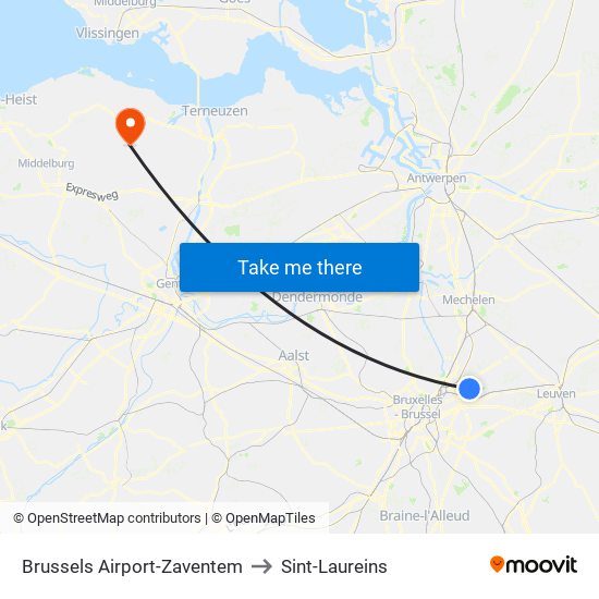 Brussels Airport-Zaventem to Sint-Laureins map