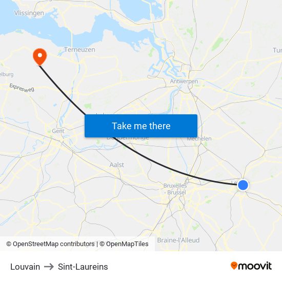 Louvain to Sint-Laureins map