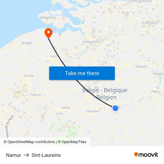 Namur to Sint-Laureins map