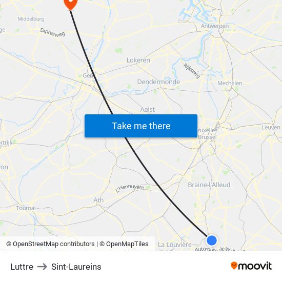 Luttre to Sint-Laureins map