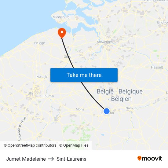 Jumet Madeleine to Sint-Laureins map