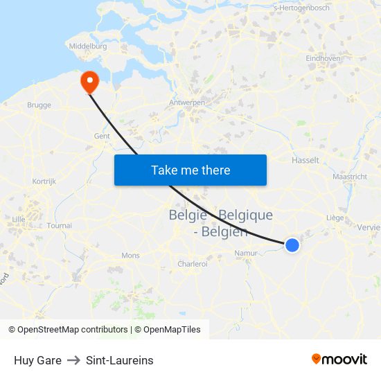 Huy Gare to Sint-Laureins map