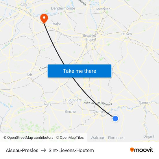 Aiseau-Presles to Sint-Lievens-Houtem map