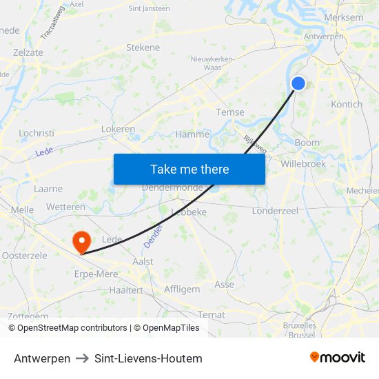 Antwerpen to Sint-Lievens-Houtem map