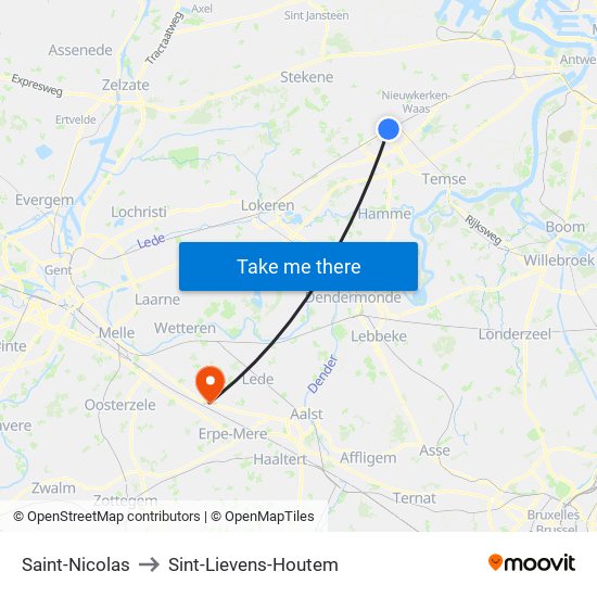 Saint-Nicolas to Sint-Lievens-Houtem map