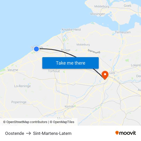 Oostende to Sint-Martens-Latem map