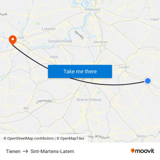 Tienen to Sint-Martens-Latem map