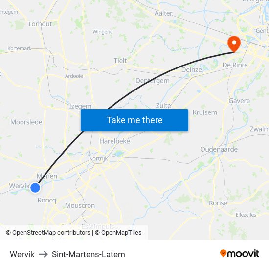 Wervik to Sint-Martens-Latem map