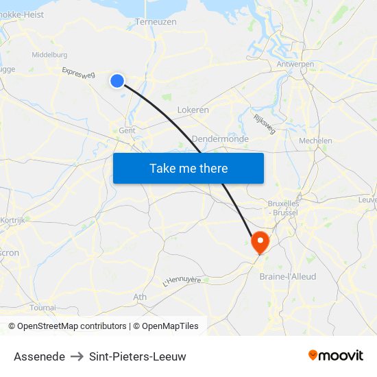 Assenede to Sint-Pieters-Leeuw map