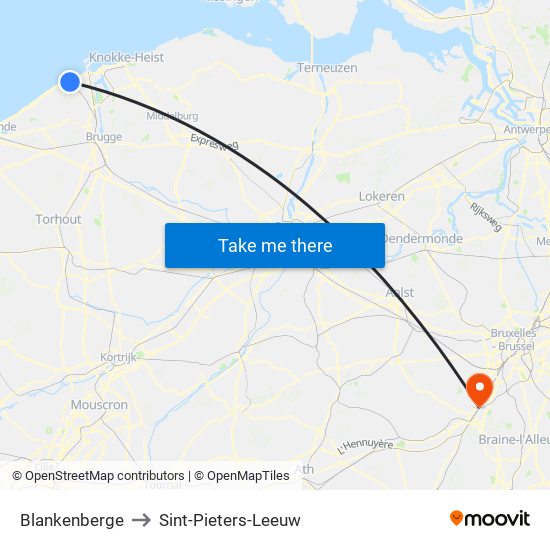 Blankenberge to Sint-Pieters-Leeuw map