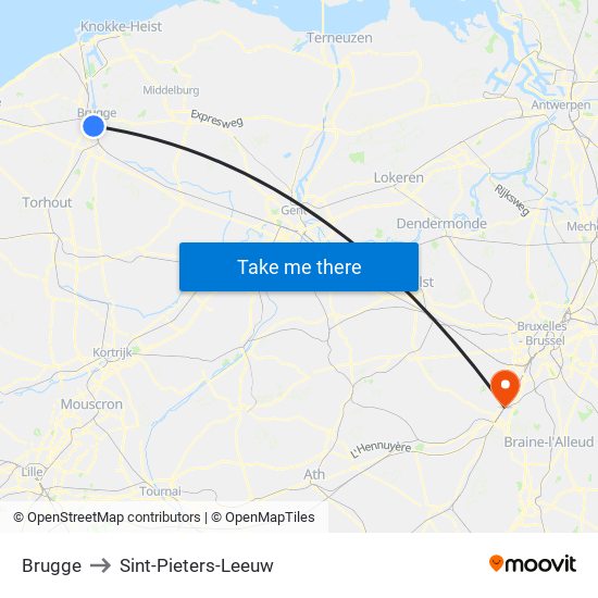 Brugge to Sint-Pieters-Leeuw map