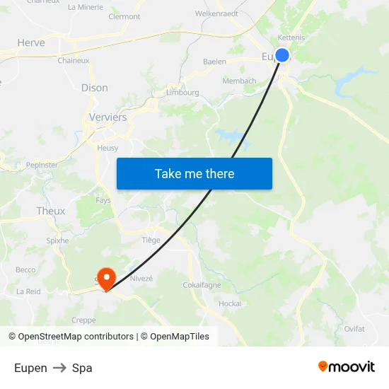 Eupen to Spa map