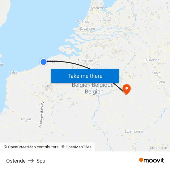 Ostende to Spa map