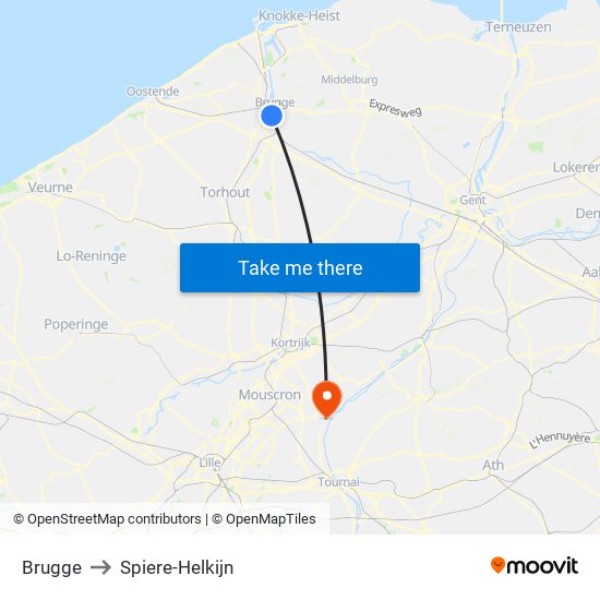 Brugge to Spiere-Helkijn map