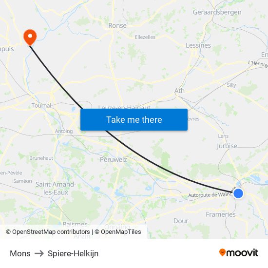 Mons to Spiere-Helkijn map