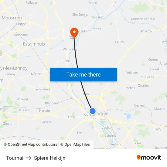 Tournai to Spiere-Helkijn map