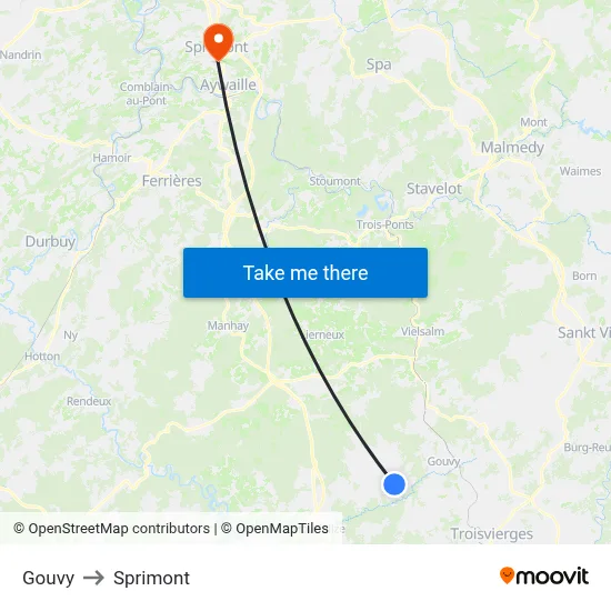 Gouvy to Sprimont map