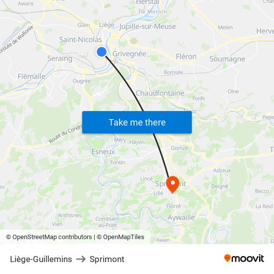 Liège-Guillemins to Sprimont map