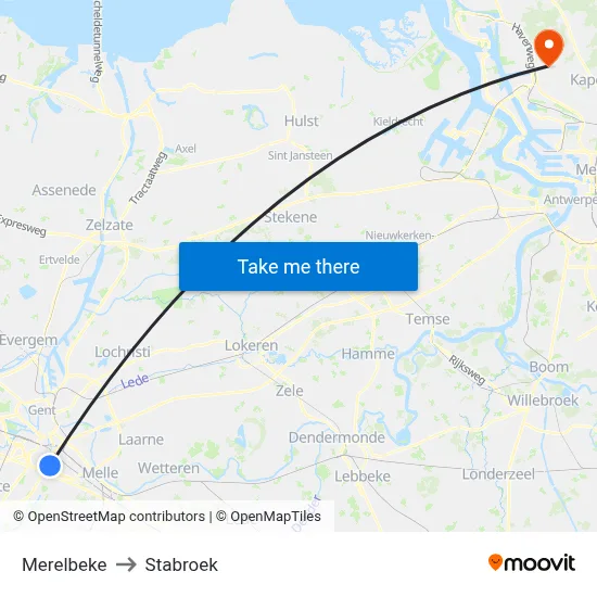 Merelbeke to Stabroek map
