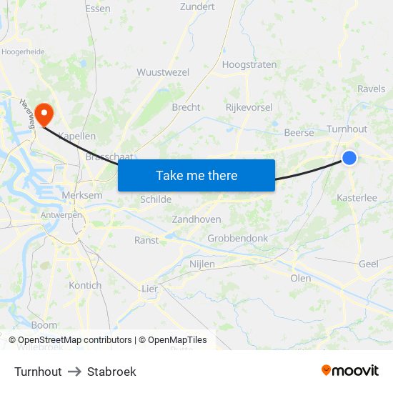 Turnhout to Stabroek map