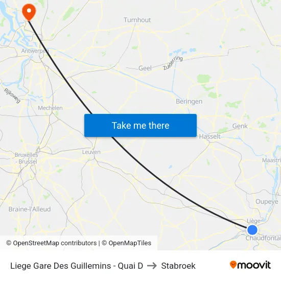 Liege Gare Des Guillemins - Quai D to Stabroek map