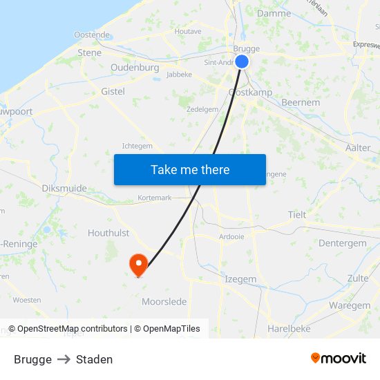 Brugge to Staden map