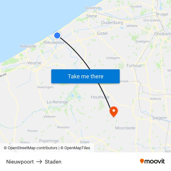 Nieuwpoort to Staden map