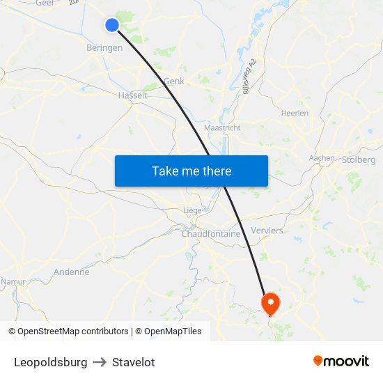 Leopoldsburg to Stavelot map