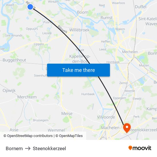 Bornem to Steenokkerzeel map