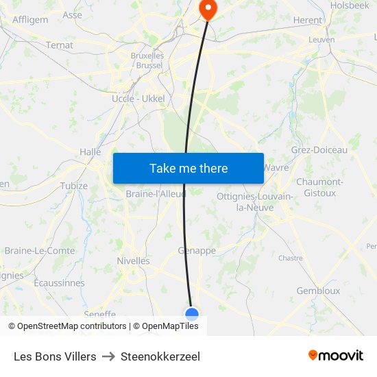 Les Bons Villers to Steenokkerzeel map