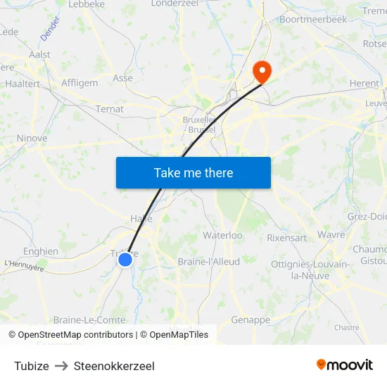 Tubize to Steenokkerzeel map