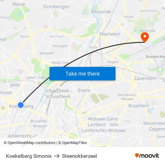Koekelberg Simonis to Steenokkerzeel map