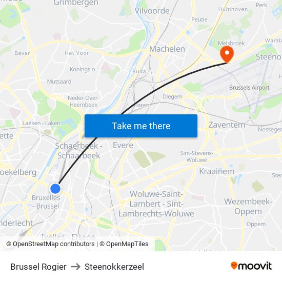 Brussel Rogier to Steenokkerzeel map