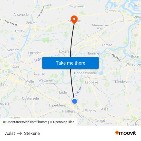 Aalst to Stekene map
