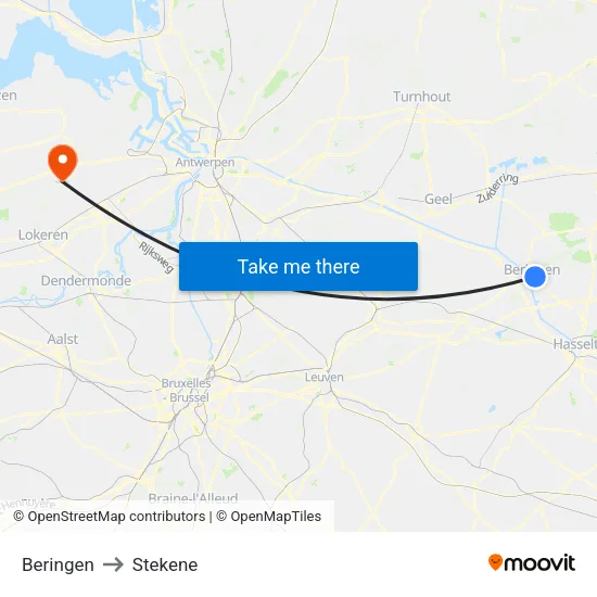 Beringen to Stekene map