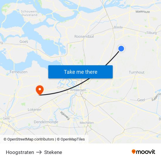 Hoogstraten to Stekene map